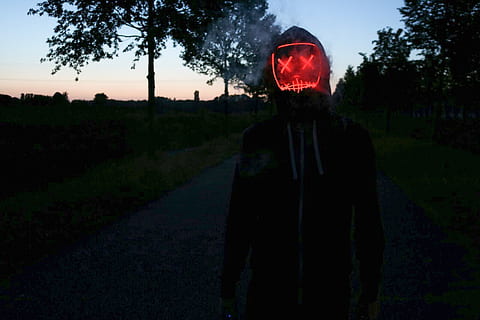 red, skull, mask, head, man, standing, sunset, road, travel HD wallpaper
