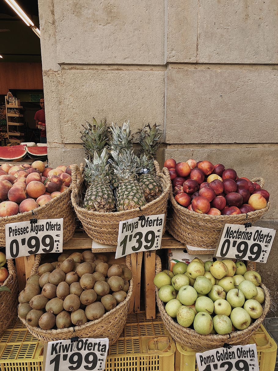 Baskets of Fruits Near Brown Concrete Wall, apples, commerce HD wallpaper