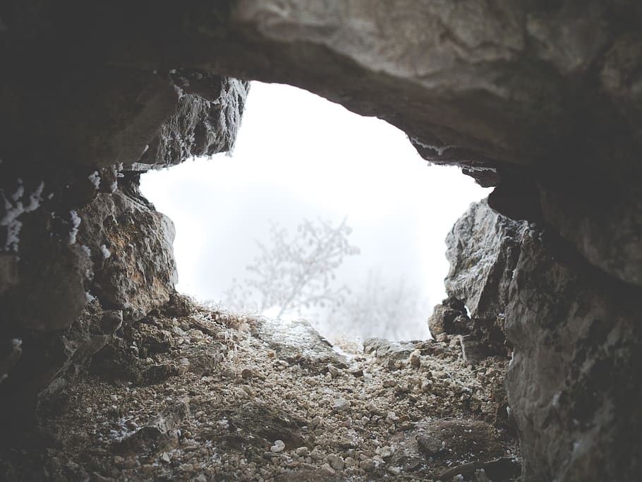 croatia, okić, winter, wall, fog, trees, hole, rock, solid HD wallpaper