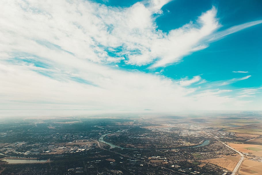 sky, airplane, clouds, city, above, flying, building exterior HD wallpaper