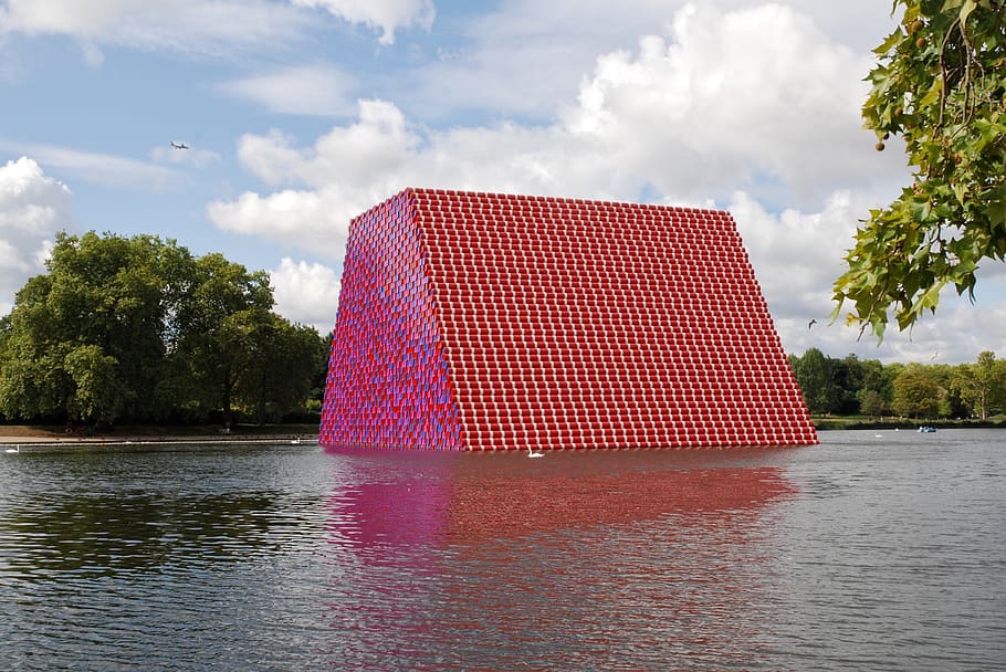 london, england, park, lake, water, artwork, oil drums, red, HD wallpaper