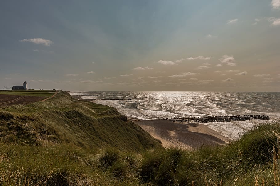 cliff, sea, denmark, coast, landscape, rock, beach, nature HD wallpaper