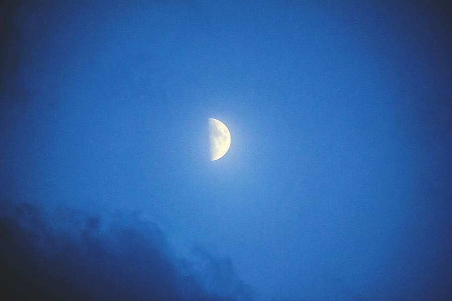 moon, sky, blue, clouds, mountains, moon light, white, lunar HD wallpaper