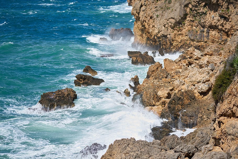 rocks, waves, wind, marine, ocean, adventure, wild, foam, beach HD wallpaper