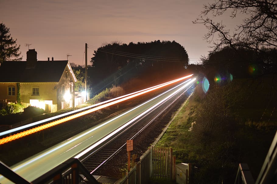 train, train tracks, bridge, house, trees, light, shutter speed HD wallpaper