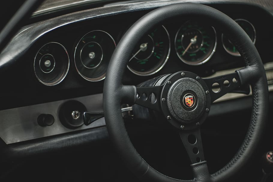 black car steering wheel, tachometer, gauge, vehicle interior HD wallpaper