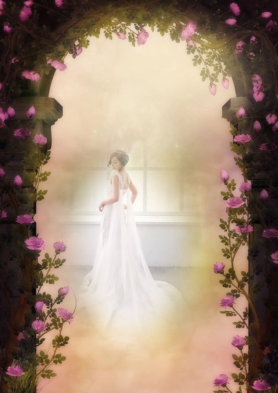 fantasy, rose arch, bride, dreams, white, romantic, wedding dress HD wallpaper