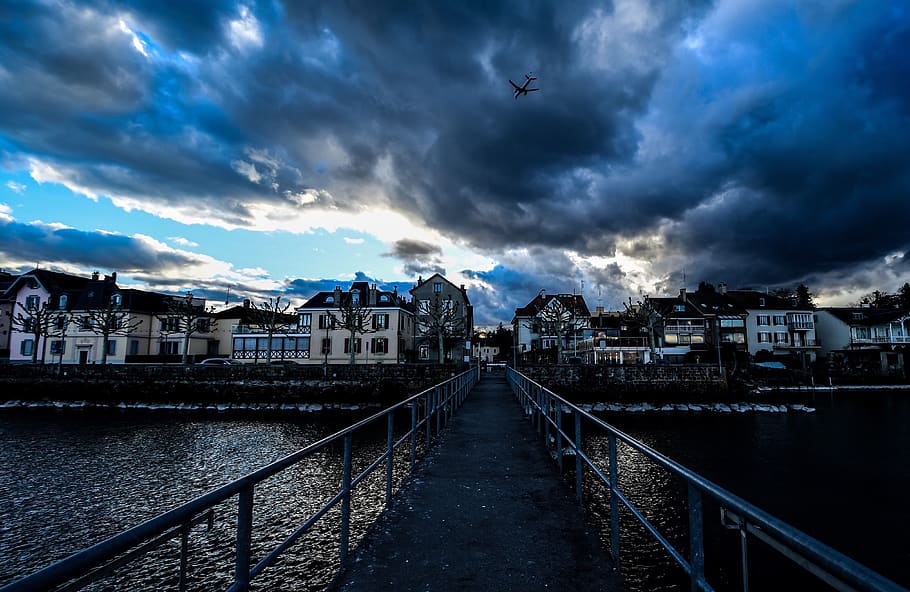 clouds, lake, pontoon, landscape, village, wharf, shore, versoix HD wallpaper