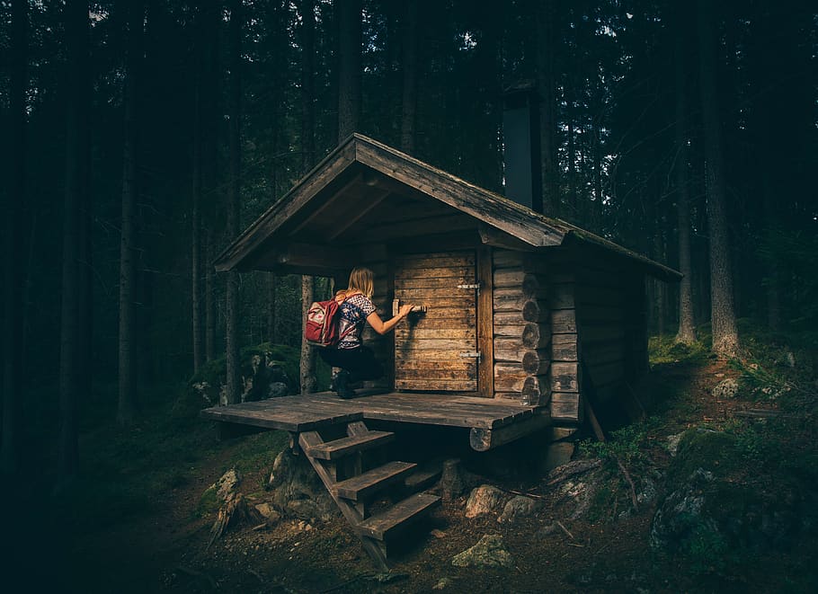 log, cabin, forest, woods, camping, hut, girl, people, trees HD wallpaper