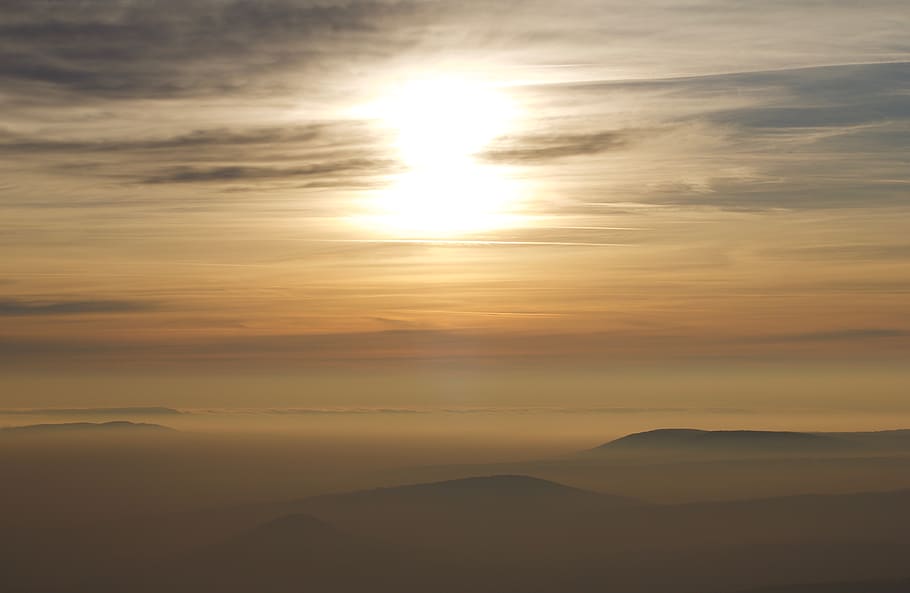 fogs above mountain, sky, scenics - nature, sunset, beauty in nature HD wallpaper