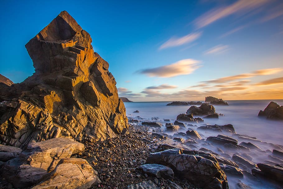 Brown Rock Under Blue Sky, beach, dawn, evening, landscape, long-exposure HD wallpaper