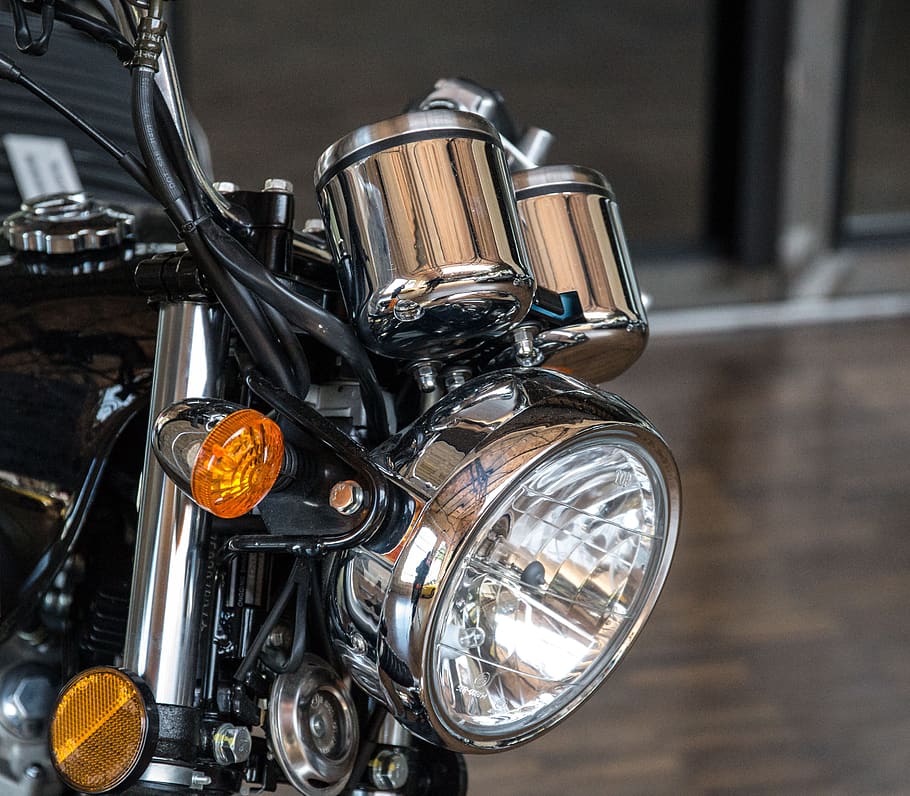 motorcycle, spotlight, speedometer, chrome, blinker, shiny HD wallpaper