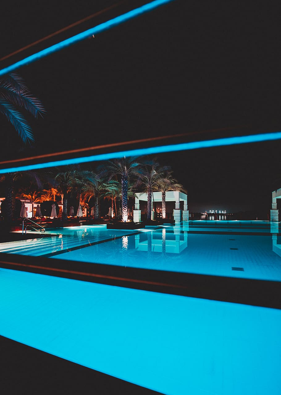 swimming pool at night-time, illuminated, built structure, architecture HD wallpaper