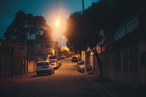 Several Cars Parked on Street, evening, lamppost, landscape, light HD wallpaper