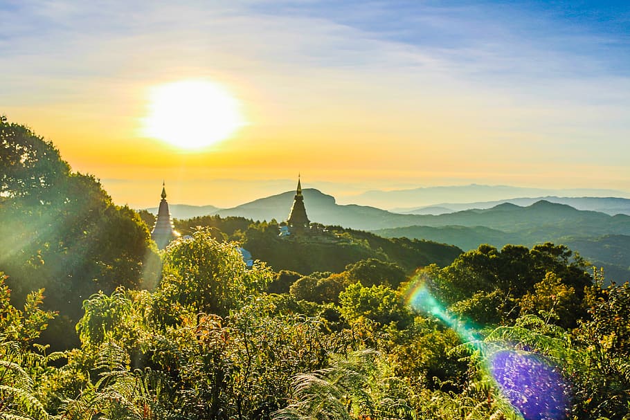Green Leaf Trees, dawn, day, high, mountains, scenic, sun, sunrise HD wallpaper