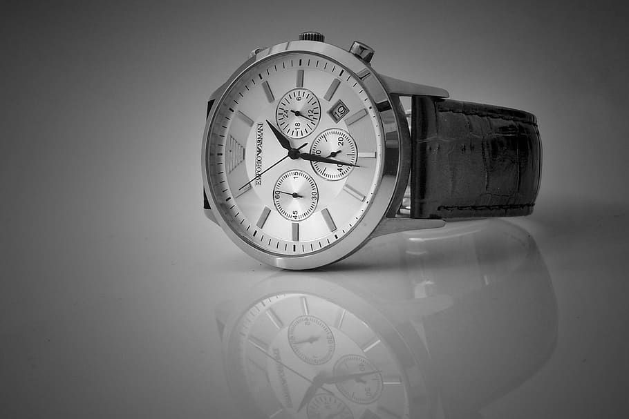 Black Leather Strap Silver Chronograph Watch, Analog watch, black-and-white HD wallpaper