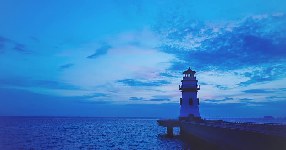 white lighthouse on dock, sea, water, guidance, sky, tower, built structure HD wallpaper