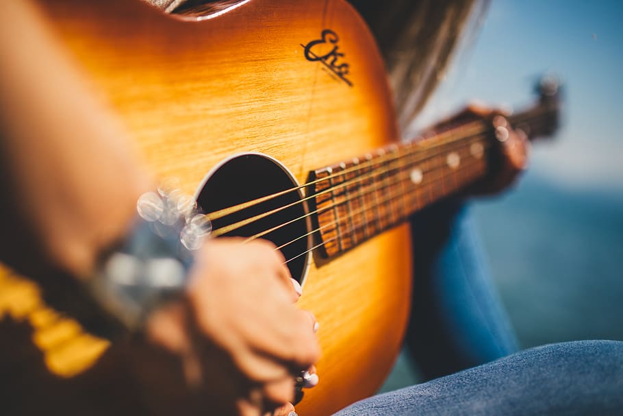 Person Play Guitar in Close-up Photo, band, composer, composing