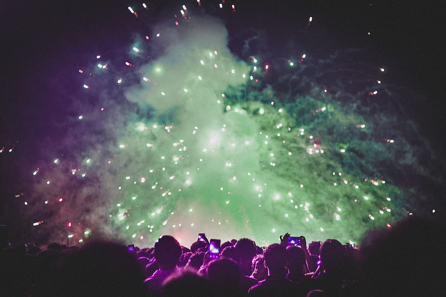 Crowd Of People At Night, bright, celebration, fireworks, fireworks display HD wallpaper
