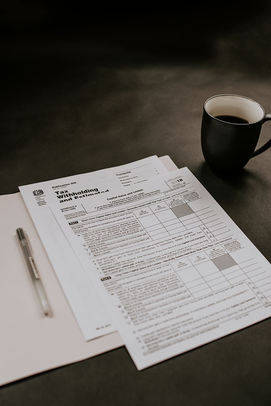 black ceramic mug beside white printer paper, table, drink, still life HD wallpaper