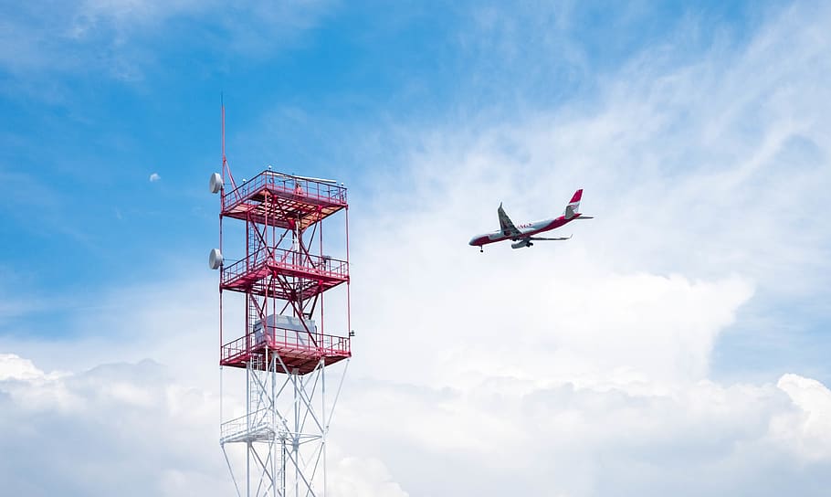 flight aircraft beside satellite, electrical device, antenna, HD wallpaper