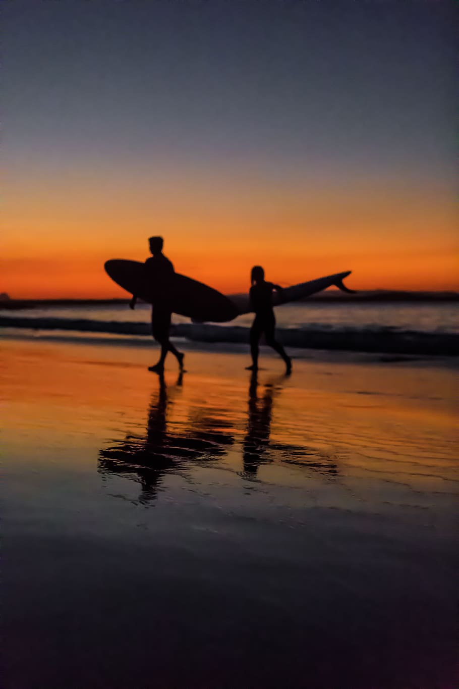 Two Surfers at the Seashore during Sunset, backlit, beach, dawn, HD wallpaper