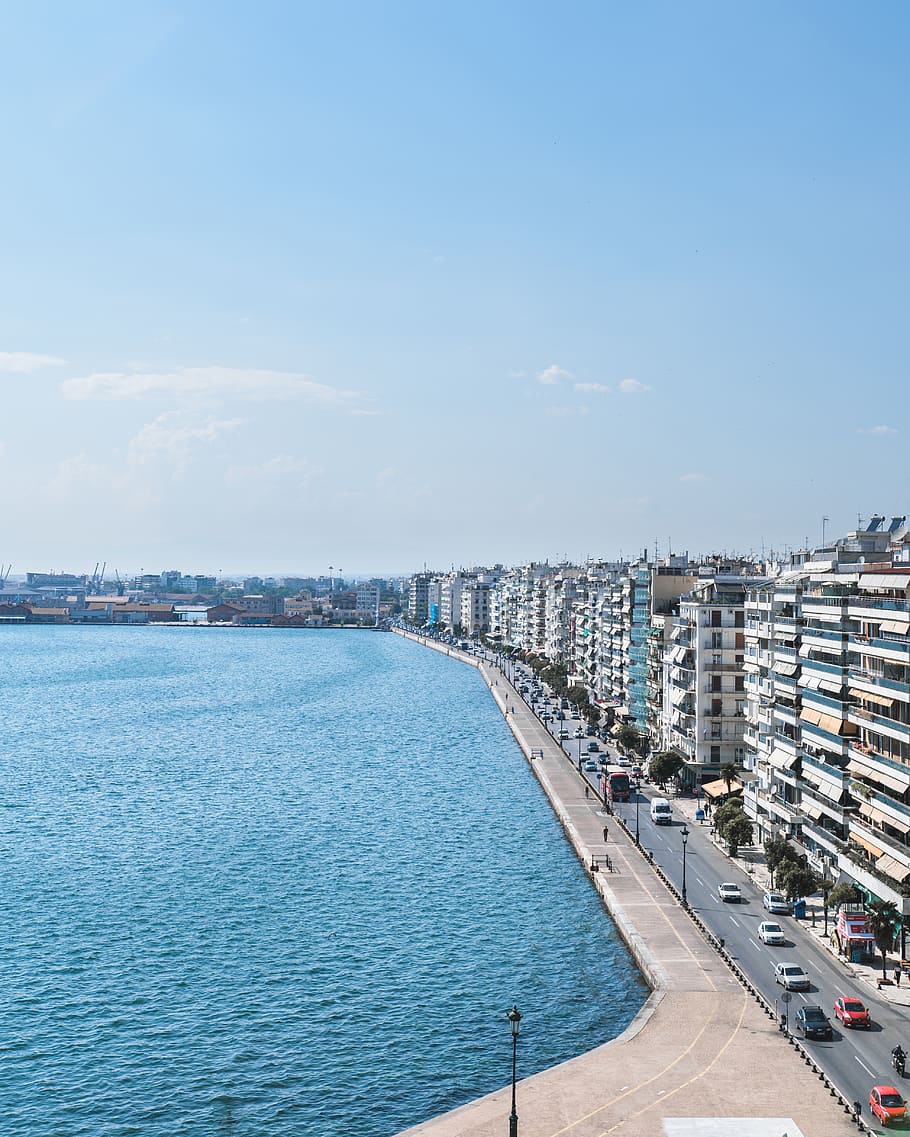 greece, thessaloniki, white tower of thessaloniki, water, blue, HD wallpaper