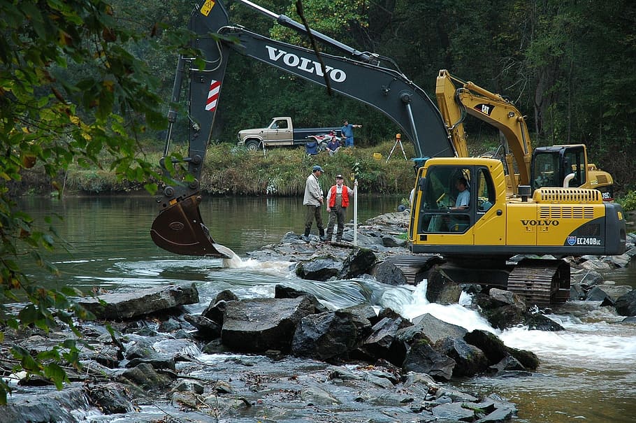 water, river, flow, stream, work, job, human, activity, machine HD wallpaper