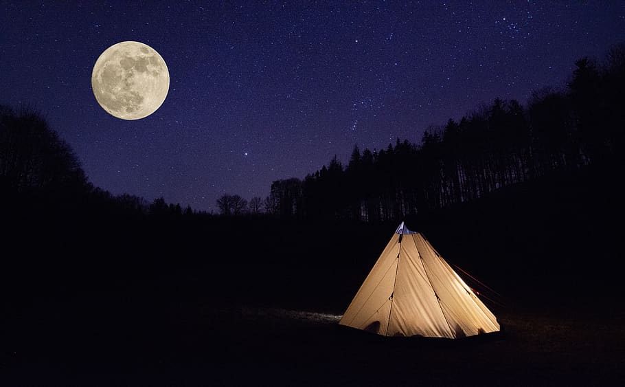 tent, month, night, camping, adventure, nature, astronomy, space, HD wallpaper