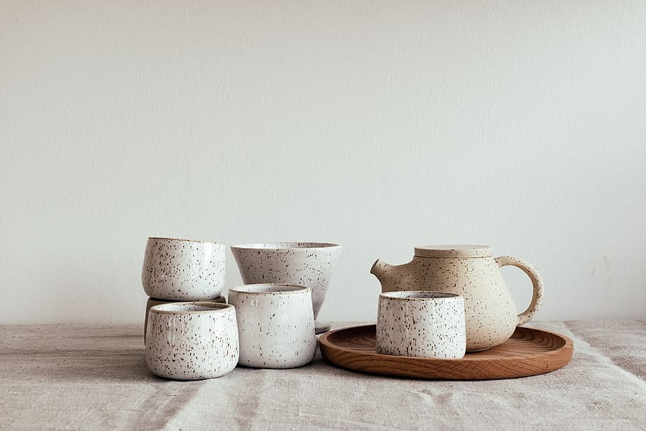 Handmade pottery tea set, art, artist, asian, background, beverage