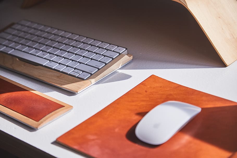 apple, mouse, keyboard, table, office, work, technology, wireless technology HD wallpaper