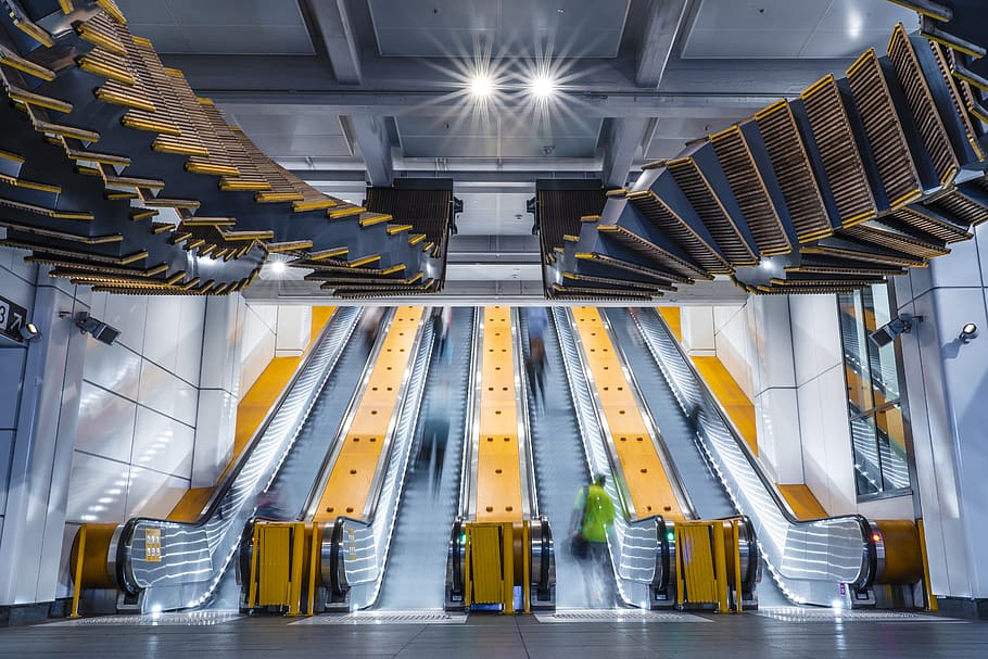 people on escalators inside building, terminal, australia, train, HD wallpaper