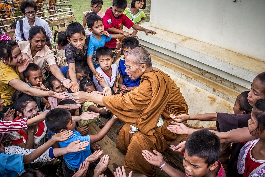 Monk Surrounded by Children, adults, asia, boys, Buddhism, buddhist