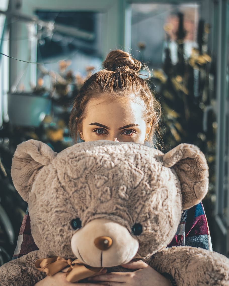 gray stuff toy, teddy bear, stuffed toy, portrait, looking at camera HD wallpaper