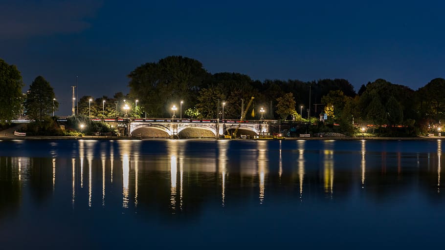 hamburg, alster, evening, night, dark, water, reflection, lights HD wallpaper