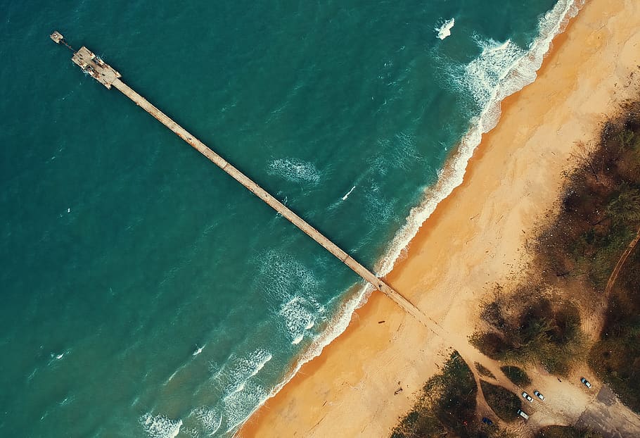 Aerial View of Dock and Body of Water, beach, daylight, high angle shot HD wallpaper