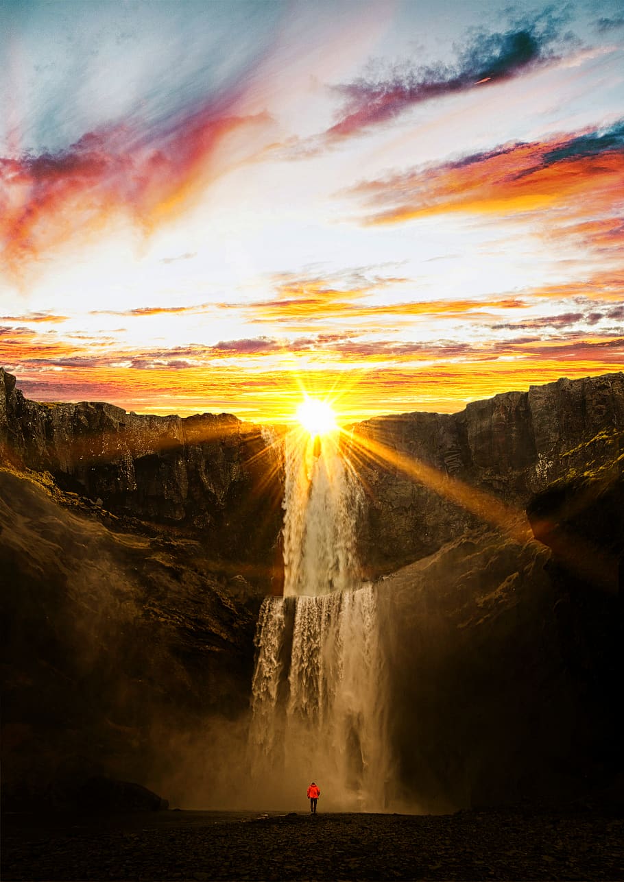 Waterfalls during Sunset, clouds, colors, flow, landscape, mountains HD wallpaper