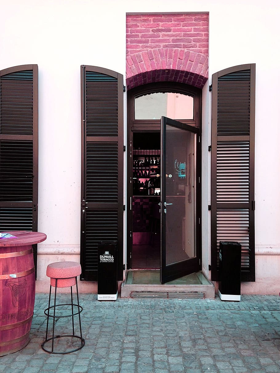 Open Full-lite Door, architecture, bar, barrel, building, chair HD wallpaper