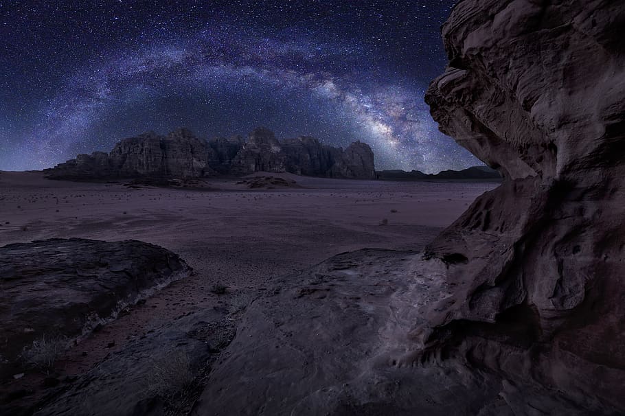 Rock Formation Painting, evening, galaxy, landscape, night, stars HD wallpaper