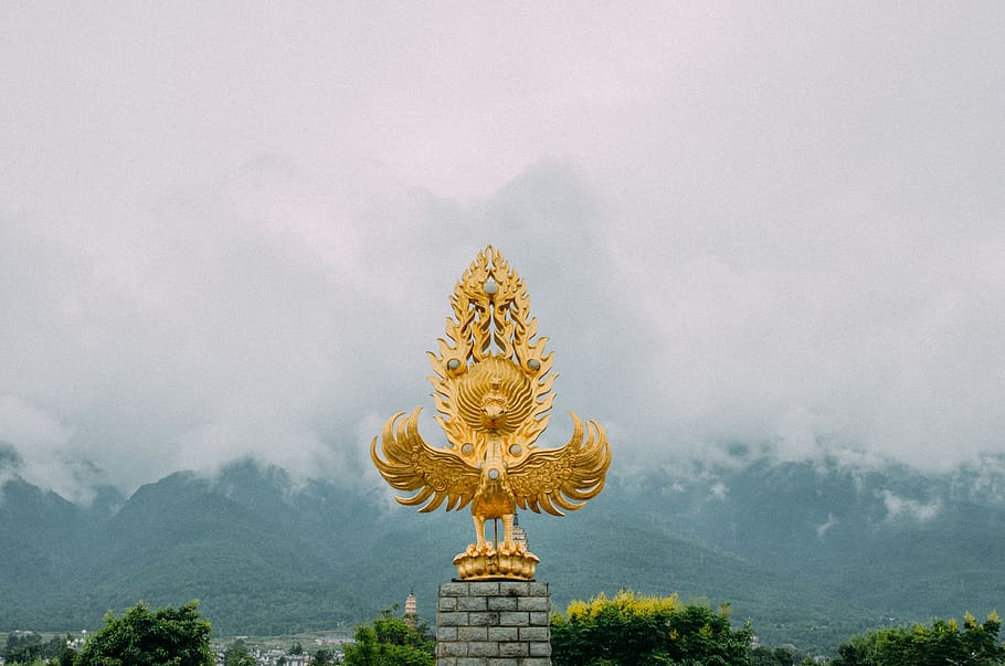 gold bird with wings statue, architecture, building, temple, worship HD wallpaper