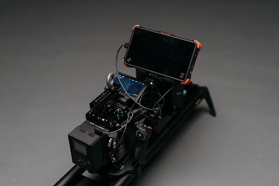 black smartphone attached to camera, electronics, computer, display