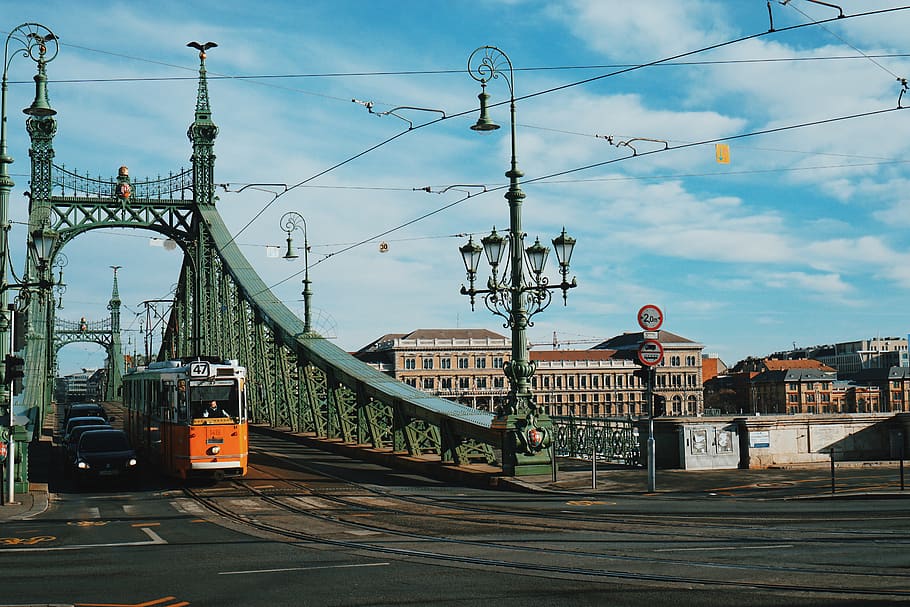 hungary, budapest, train, bridge, tram, travel, commute, yellow HD wallpaper