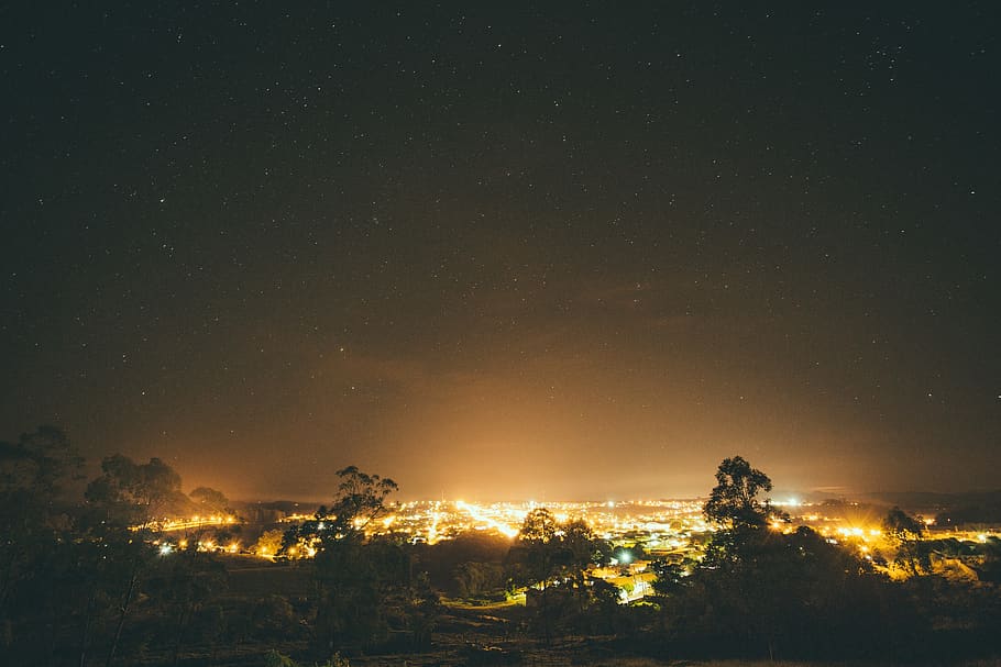 nature, landscape, night, sky, trees, overlooking, city, lights HD wallpaper