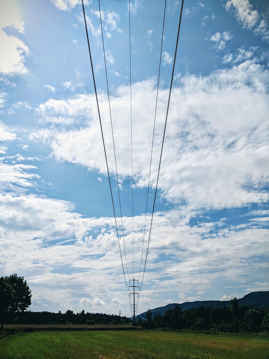 sky, cloud - sky, cable, electricity, land, field, beauty in nature HD wallpaper