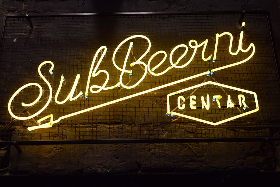 white Sub Beer Ni Centar neon light signage, yellow, glow, text