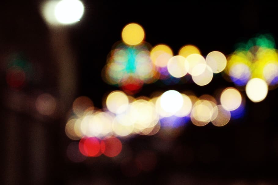 lights, blurred, illuminated, defocused, night, circle, geometric shape HD wallpaper