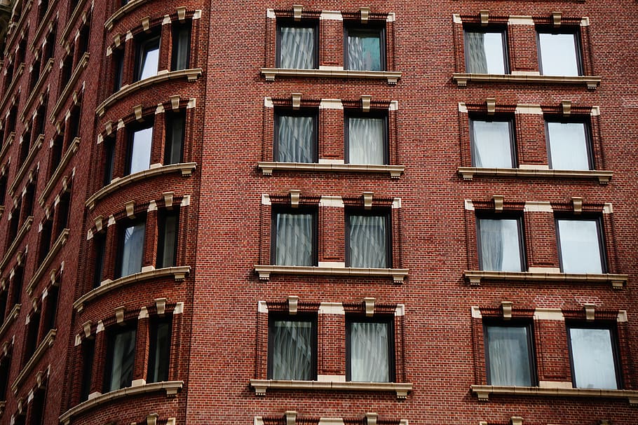 red brick building, home decor, window, curtain, window shade HD wallpaper
