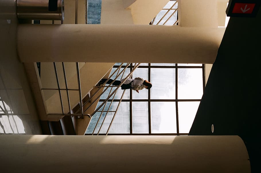 woman walking downstairs during daytime, handrail, banister, human, HD wallpaper
