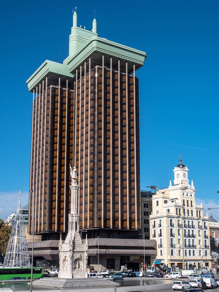 torres, ugly, architecture, plug, madrid, colon, traffic, street HD wallpaper