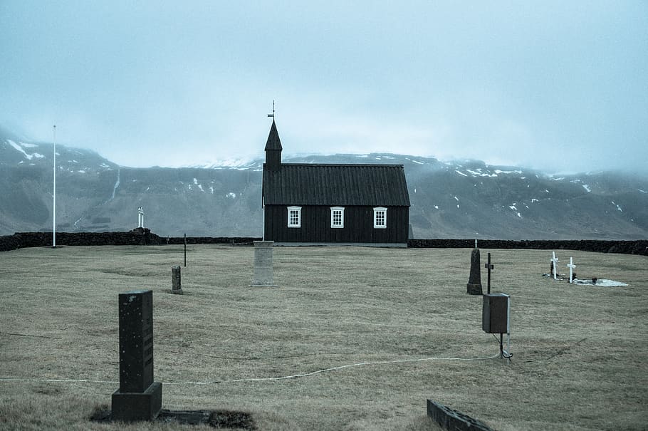 black building near graveyard, nature, outdoors, steeple, spire HD wallpaper